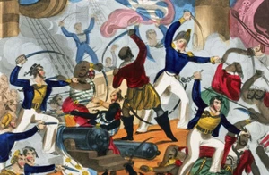Spannender Schwertkampf auf Piratenschiff. Neue farbige Notizkarten Vintage Kunst 19c - Bild 1 von 2