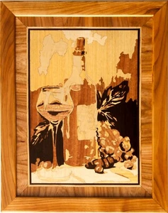 Copa de vino uva bodegón incrustaciones de madera arte de la pared decoración - Imagen 1 de 13