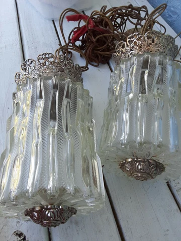 Set 2 vtg Retro Mid-Century Hanging Glass Silver  Pendant Ceiling Light Cover