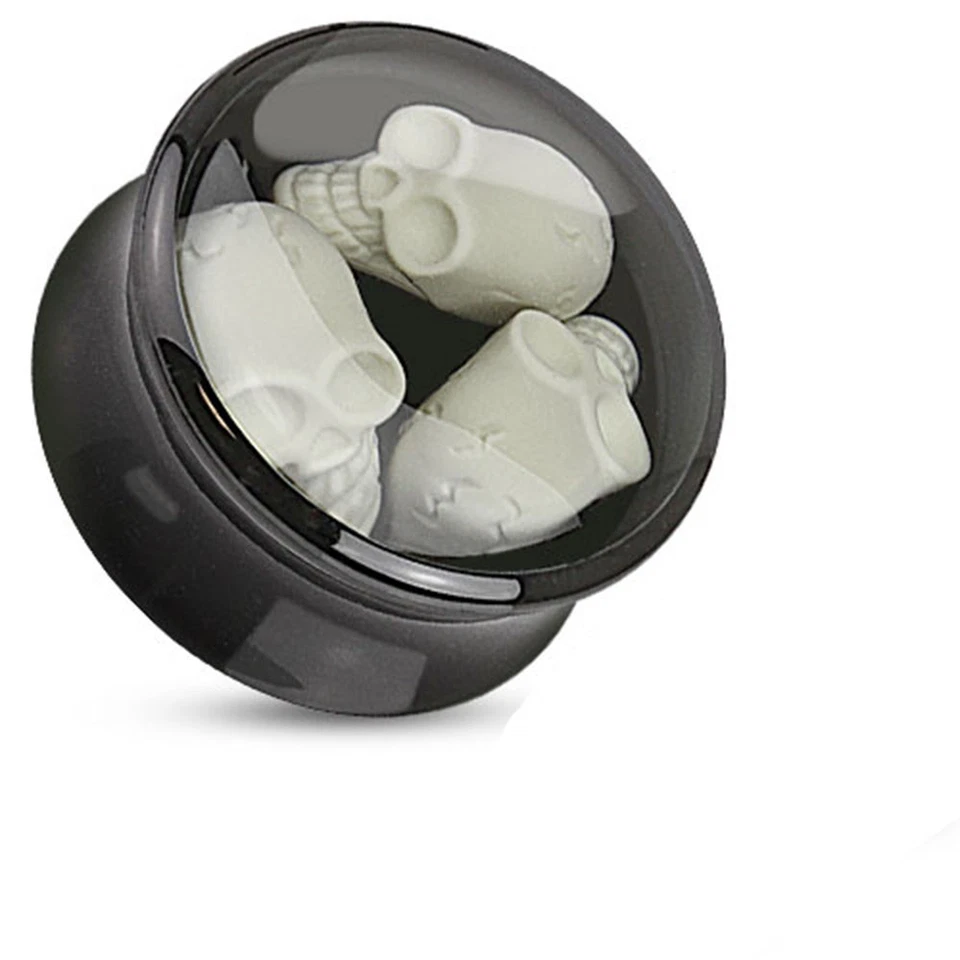 Pair of Black Acrylic Saddle Plug with Triple Skull Enclosure Inlay Tunnel E46 - Image 1 of 1