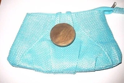 BeautiControl Make Up Bag Case Blue Faux Straw Zipper Loop Approx 7.75” x 4 1/2” - Image 1 of 4