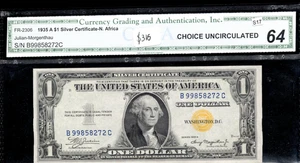 North Africa One Dollar Bill Emergency Issue B99858272C CGA 64 1935A - Picture 1 of 2