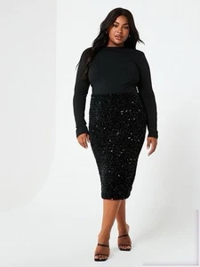 AX Paris Curve Black Velvet Sequin 2-in-1 Long Sleeve Midi Dress – UK 18 – BNWT - Picture 1 of 12
