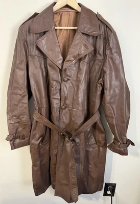 Vintage Sears Men’s Leather Shop Brown Trench Coat Jacket Belted 60s 70s 44 - Image 1 of 4