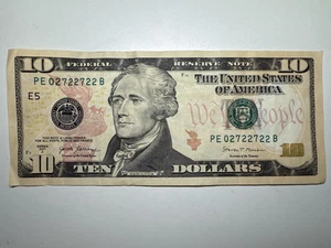 Rare $10 Dollar Bill Banknote Series 2017 A Fancy Serial Number Trinary 02722722 - Picture 1 of 3
