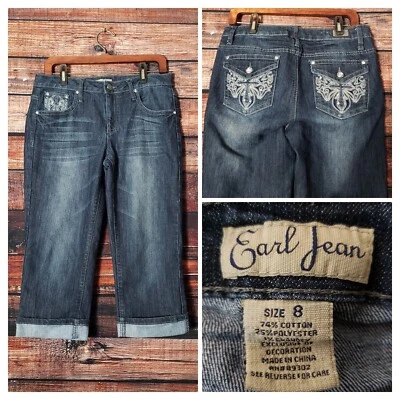 Jeans capri de mezclilla azul oscuro adornados Earl Jean talla 8 con puños recortados Foto 1 de 4