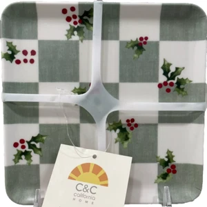 NWT C&C CALIFORNIA Set 4 HOLLY BERRY GREEN Checkered 6”Christmas Plate Melamine - Picture 1 of 3