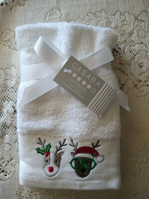 Casaba Juego de 2 Toallas Blancas Navidad Decorativas Dedo Bordadas Perros Nuevas con Etiquetas Foto 1 de 3