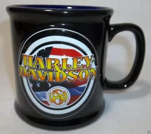 Harley Davidson Mug Official Raised USA Flag Emblem Black/Blue 2000 Rare 5656 - Picture 1 of 9