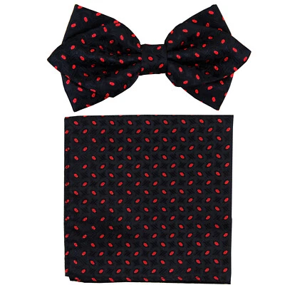 New formal Men's Diamond Shape Pre-tied Bow Tie & Hankie black red dots wedding - Image 1 of 4