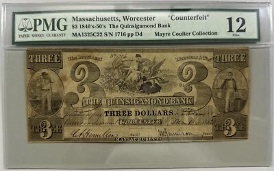 1840's-1850's $3 Massachusetts Worcester Counterfeit - PMG 12 NET-  Rare Note - Image 1 of 2