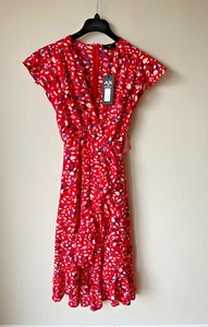 AX Paris Midi Dress Wrap Abstract Print Frill Wrap Wrapover Red UK 6 💖 BNWT - Picture 1 of 12