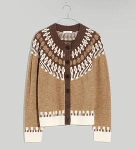 NWT Madewell Fair Isle Frankfort Cardigan Tan Cream Merino Wool LARGE $128 MSRP - Picture 1 of 14