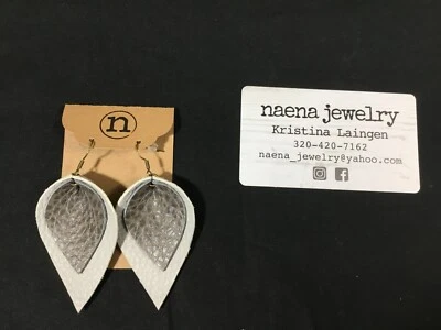 Summer leaf earrings, pierced, two layer leather, light & dark gray, new on card - Image 1 of 4