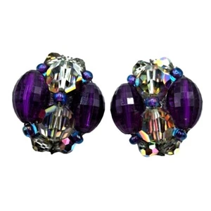 Orecchini Vintage a Grappolo Perline Viola con Cristalli Aurora Boreale Gioielli - Foto 1 di 9