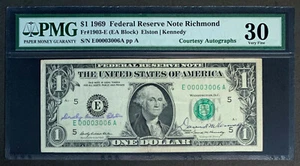 NQC Dorothy A E & David M K D Courtesy Autographed Fr. 1903-E 1969 $1 FRN VF 30 - Picture 1 of 2
