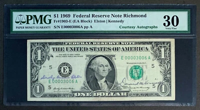 NQC Dorothy A E & David M K D Courtesy Autographed Fr. 1903-E 1969 $1 FRN VF 30 - Image 1 of 2