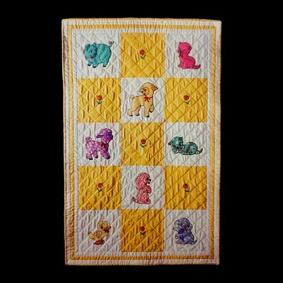 Cute Animals Applique Baby Quilt Pattern - 36x60 Checkered Dog Cat Lamb Pig Duck - Image 1 of 4