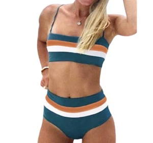 NWT High Waist Stripe Print Bikini Color Block Two Piece Size M - Picture 1 of 5