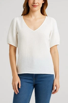 Top para mujer Mododoc Los Angeles blanco de gasa de algodón manga abullonada cuello en V mediano Foto 1 de 4