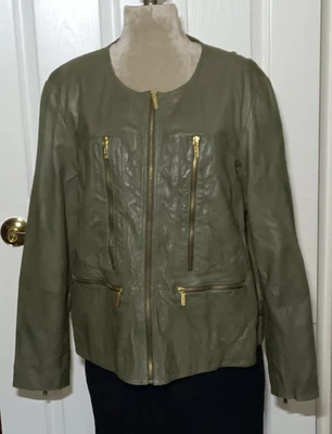 Chaqueta de Cuero Michael Kors Corta Motocicleta Talla Oliva Cinturón Para Mujer 3X Foto 1 de 4