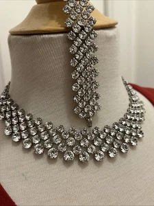 Vtg Signed E.B Silver Tone Rhinestone Wide 7” Bracelet & 16” Necklace - Picture 1 of 11