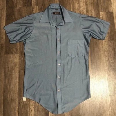 70s Van Heusen Shirt Mens M Blue Wide Collar Qiana Nylon Leisure Silky Disco - Image 1 of 4