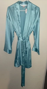 NWT Victoria's Secret Satin Teal 2001 Robe Bathrobe Belt Attached w/pockets OS - Picture 1 of 11