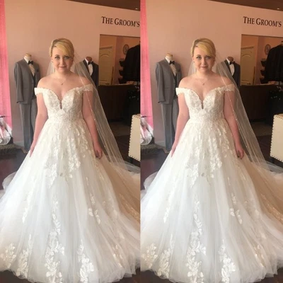 Vestido de novia talla grande con apliques de encaje fuera del hombro tren de barrido vestido de novia Foto 1 de 4