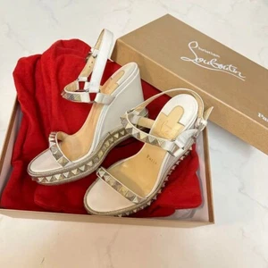 Christian Louboutin Mules Sandals Heel Studs Leather White EU37/US7 19167c - Picture 1 of 9