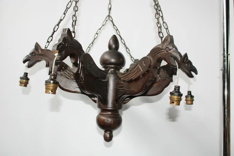 Antique french neo gothic Wood carved Dragon castle 6 arm chandelier lamp Cover