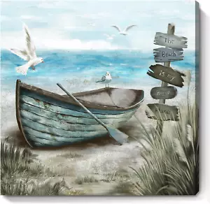 Bathroom Wall Art Coastal Décor Nautical Boat on Beach Canvas Picture Ocean Seag - Picture 1 of 12