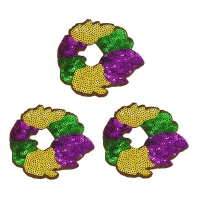 3 Pieces Pack Mardi Gras King Cake Sequins Iron-On Patches Appliques - Image 1 of 4