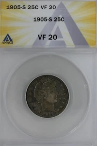 1905-S  .25  ANACS   VF 20   Barber Quarter, Liberty Head Quarter, Barber 25c,  - Picture 1 of 2