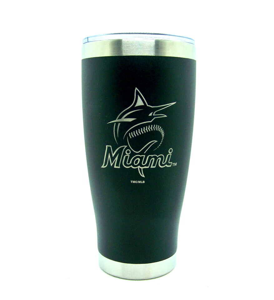 Miami Marlins MLB 20 oz Etched Logo Stainless Steel Hot Cold Tumbler Black - Image 1 of 1