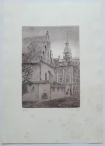VECCHIA-NUOVA SINAGOGA A PRAGA VECCHIA INCISIONE FIRMATA ARTE EBRAICA NUMERATA - Foto 1 di 2