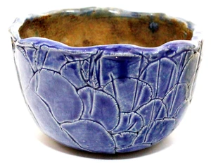 Art Pottery Bowl Rustic Bowl 5" Round Hand Built OOAK Blue Gold Brown Embossed - Picture 1 of 6