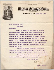 Warren Sparkasse 1913 Warren, PA Briefkopf an: Corry Hide & Fur Corry, PA - Bild 1 von 2