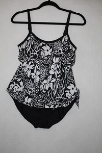Maxine of Hollywood Black White Animal Floral One-Piece Swimsuit Sz 14 Side Tie - Picture 1 of 5