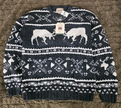 VINTAGE 90S WOOLRICH HOLIDAY REINDEER HAND KNIT WOOL SWEATER SIZE M NWT - Image 1 of 3