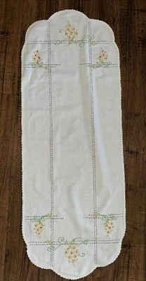 Vintage Embroidered Table Runner Yellow Small Sunflowers Scalloped Edging 40x15 - Image 1 of 4