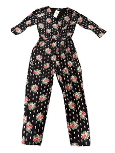 Lowie Black Jumpsuit Size 8 Cotton Floral Print 3/4 Sleeve - Picture 1 of 9
