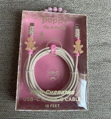 XO Poppy 10ft USB-C Cable Gingerbread Print Fast Charging New in Box Pink Clip - Image 1 of 4