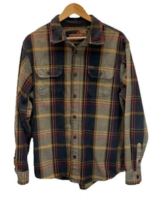 Orvis Heavy Weight Flannel Shirt Men Large Brown Plaid Shacket Pockets Chorecoat - Picture 1 of 10