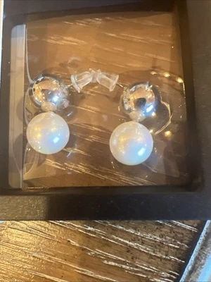 Faux Dual Pearl & Silver Earrings Stud Round Pierced Post Fashion Jewelry - Image 1 of 3