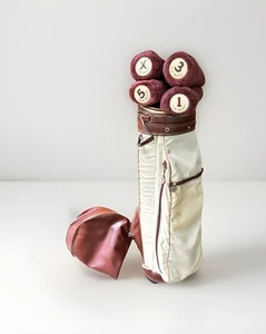 Vintage Dunlop Golf Cart Bag 6-Way Divider Brown Tan Leather USA Rain Hood Socks - Picture 1 of 24