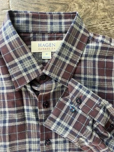 Hagen Button Up Shirt CARMEL FIT Men's Size Medium M Brown Blue CHECK Cotton - Picture 1 of 7