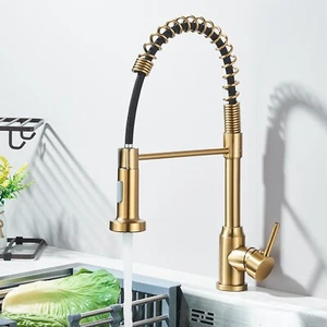 Brushed Gold Kitchen Faucet Pull Down Sprayer Single Handle Swivel Sink Mixer - Picture 1 of 11