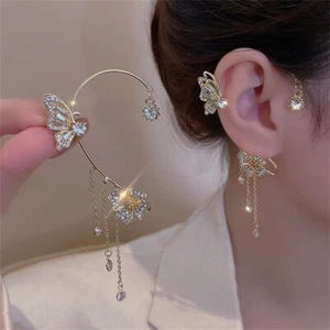 Butterfly Tassel Style Zircon Earrings Clip Non Piercing Wrap Jewelry Earring - Picture 1 of 16