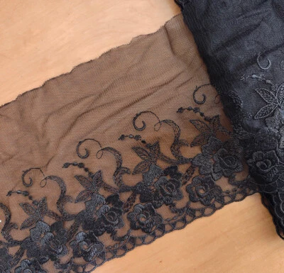 3.5 Yards 6.5" Wide Black Mesh Tulle Lace with Embroidered Flower xh238 - Image 1 of 2